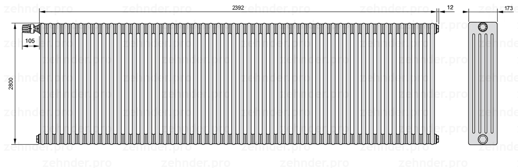 Схема (чертеж) Радиатор Zehnder Charleston 5280/52 №V011 Белый глянцевый RAL 9016